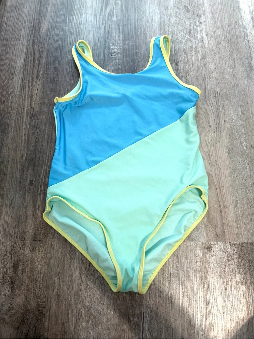 wonder nation Blue and Mint Diagonal Colorblock One-Piece with Yellow Trim